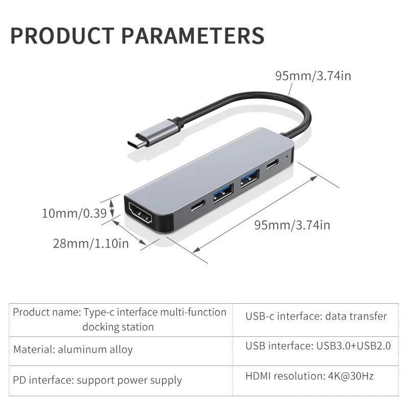 Концентратор USB 3.0 5-в-1 Концентратор типа C с портом USB-C с питанием PD 100 Вт, зарядка HDMI 4K, 30 Гц для MacBook Mac Pro iMac XPS ПК