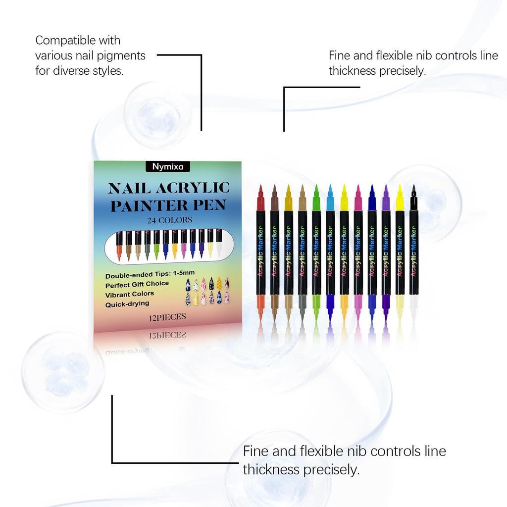 Nymixa Multi-Color Double-Ended Nail Art Pen Set - DIY Tools for Easy, Vibrant Outlining and Painting.