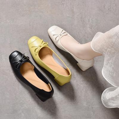 Женские туфли на высоком каблуке с квадратным носком, весна-лето, с бантом, с открытым верхом, на толстом каблуке средней высоты, одинарные туфли на одной педали, туфли Мэри Джейн