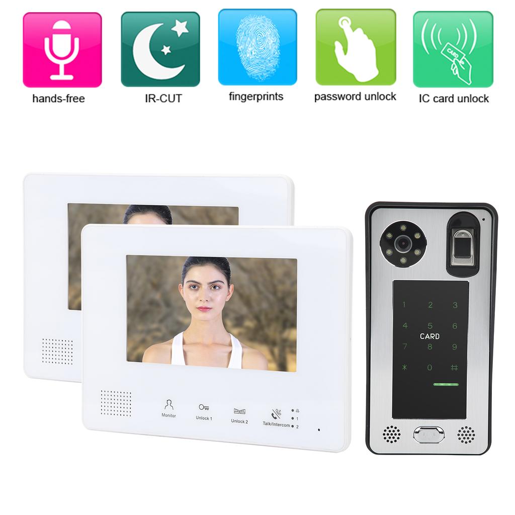 Главная Видеодомофон 2-проводная система 7 дюймов 2 монитора отпечаток пальца пароль IC карта разблокировка ночное видение