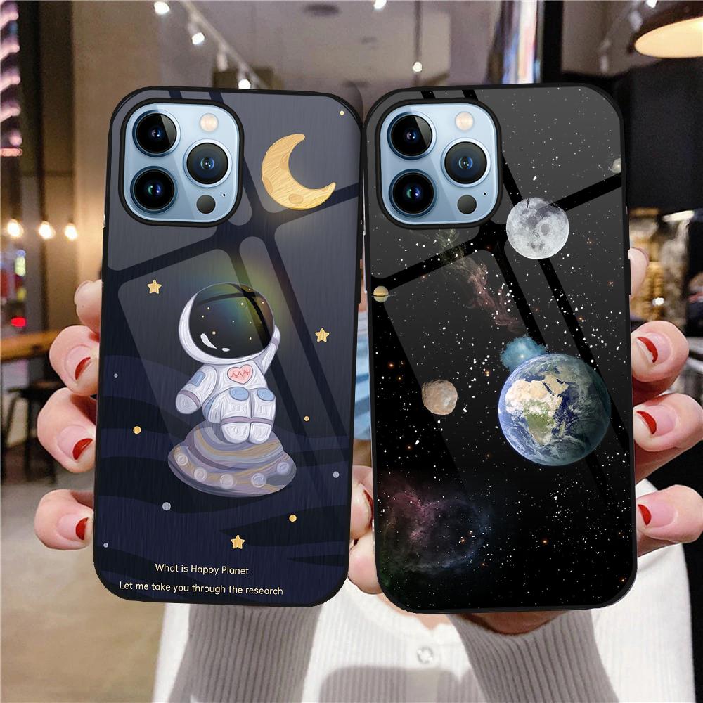 Чехол с милым астронавтом с рисунком для Iphone 14 13 12 Pro Max Mini Xs Xr X, чехол из закаленного стекла для Iphone 7 8 6s Plus Se 2022 11