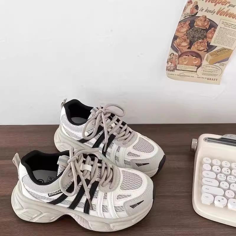 2025 Spring New Popular Thick-soled Heightened Mesh Dad Shoes Women's Color Matching Lace-up Versatile Sports and Leisure Shoes
