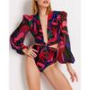 One Piece Swimsuit Sexy Long Sleeve Tropical Print Swimwear Women Bandage Monokini Hollow Out Bathing Suit String Beachwear 2023