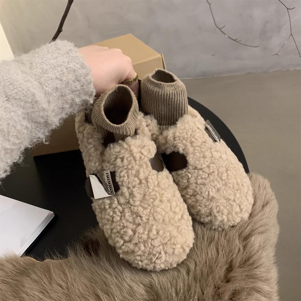 Обувь из овечьей шерсти женская зимняя 2024 новая корейская версия ретро плоские туфли-лодочки женские бархатные хлопковые туфли