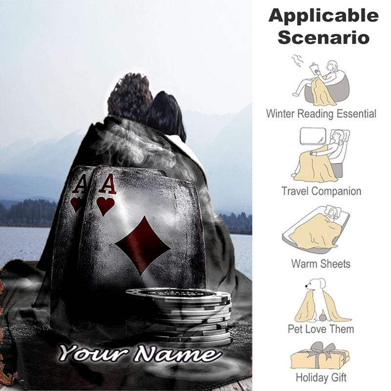 1PC Custom Name "Dark Poker Night" flannel blanket versatile,all-season throw suitable for the living room,bedroom,camping,travel,and gift