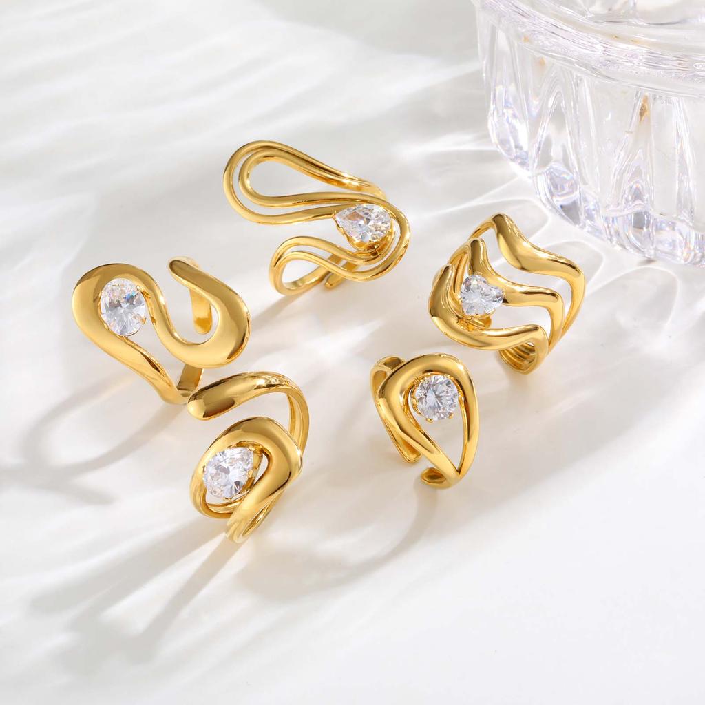 Cubic Zircon Irregular Hollow Opening Ring for Women, Geometric Twist Lines Stainless Steel Ring, Fashion Waterproof Jewelry