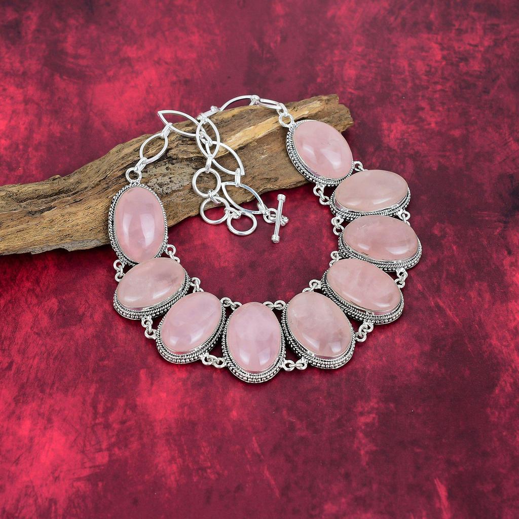 Rose Quartz 925 Solid Sterling Silver Bracelet & Necklace Jewelry Set, Beautiful Handmade Gemstone Jewelry Set, Adjustable Chain Jewelry for Her
