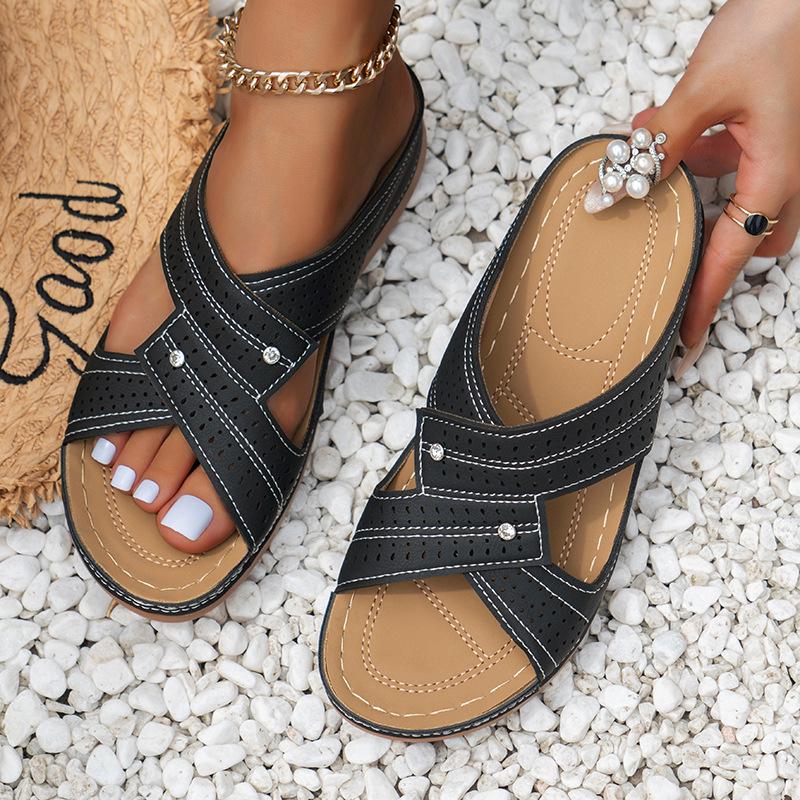 2024 Plus Size Casual Round Toe Cross Strap Hollow High Heel Women's Wedge Slippers
