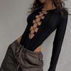 Ribbed Knitted Long Sleeve Tie Up Sexy Bodysuit Bandage Patchwork Bodycon Club Party Body Women Outfit High Waist Top