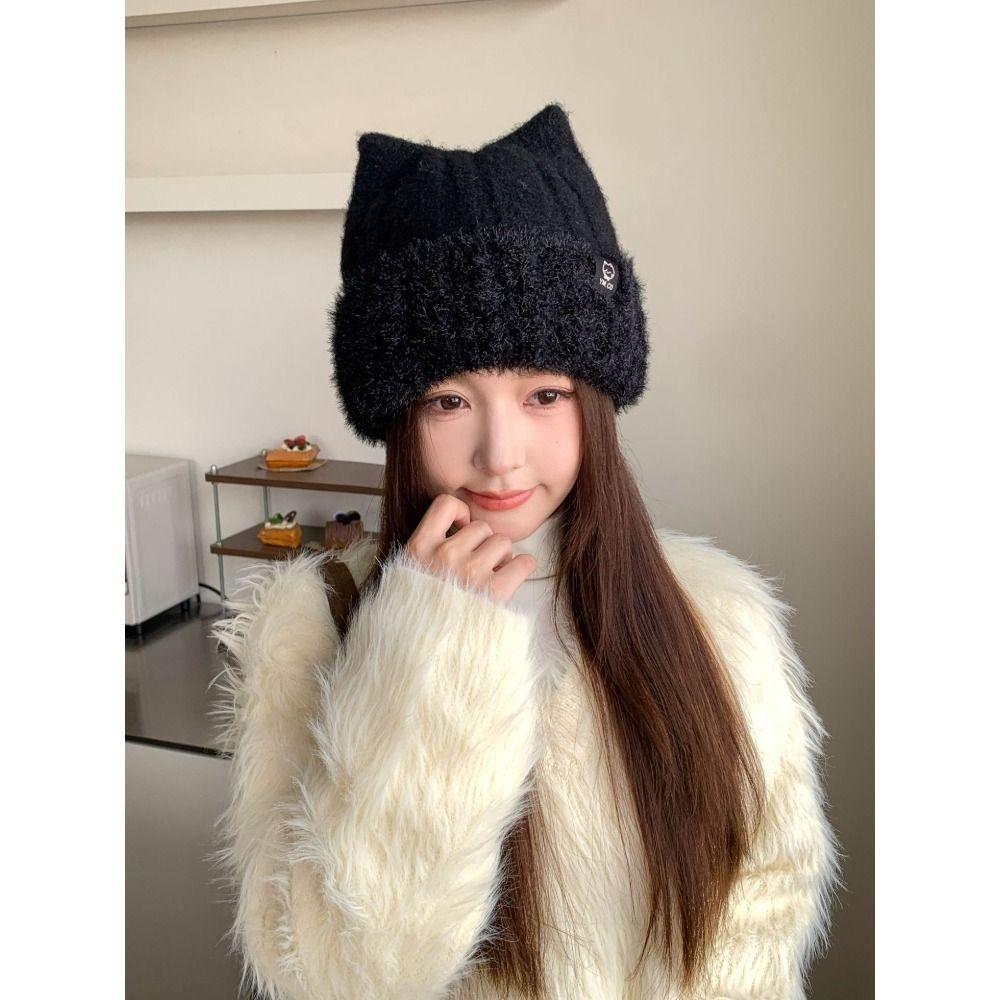 Faux Rabbit Fur Ear Protection Hat Warm Fluffy Cat Ear Beanie Cozy Knitted Beanie Hat For Women
