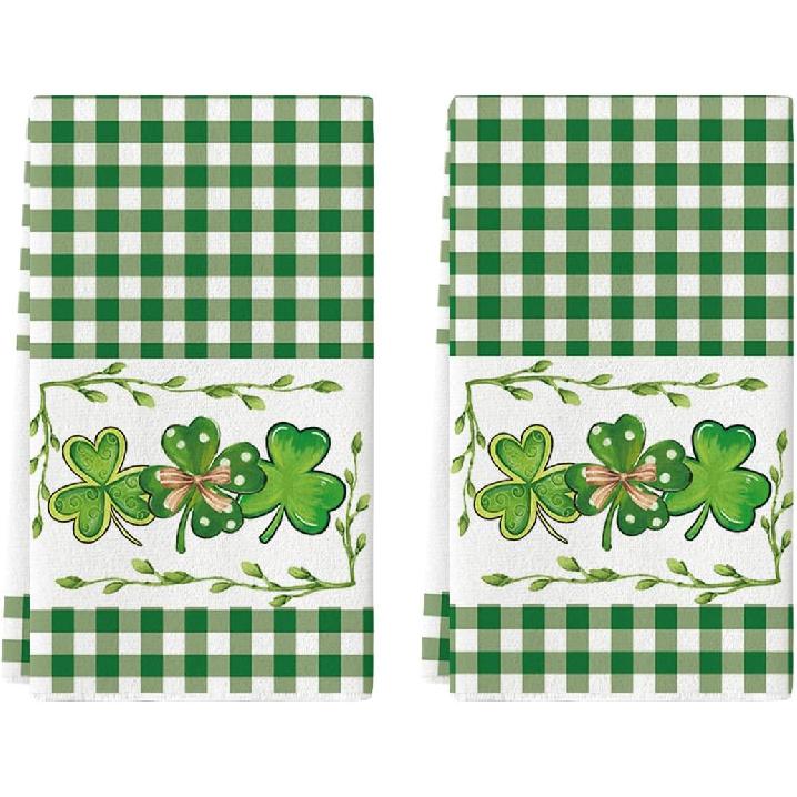 Artoid Mode Buffalo Plaid Clover Shamrock St. Patrick's Day Kitchen Towels Dish Towels, 18x26 Inch Farmhouse Holiday Decoration Hand Towels Set of 2
