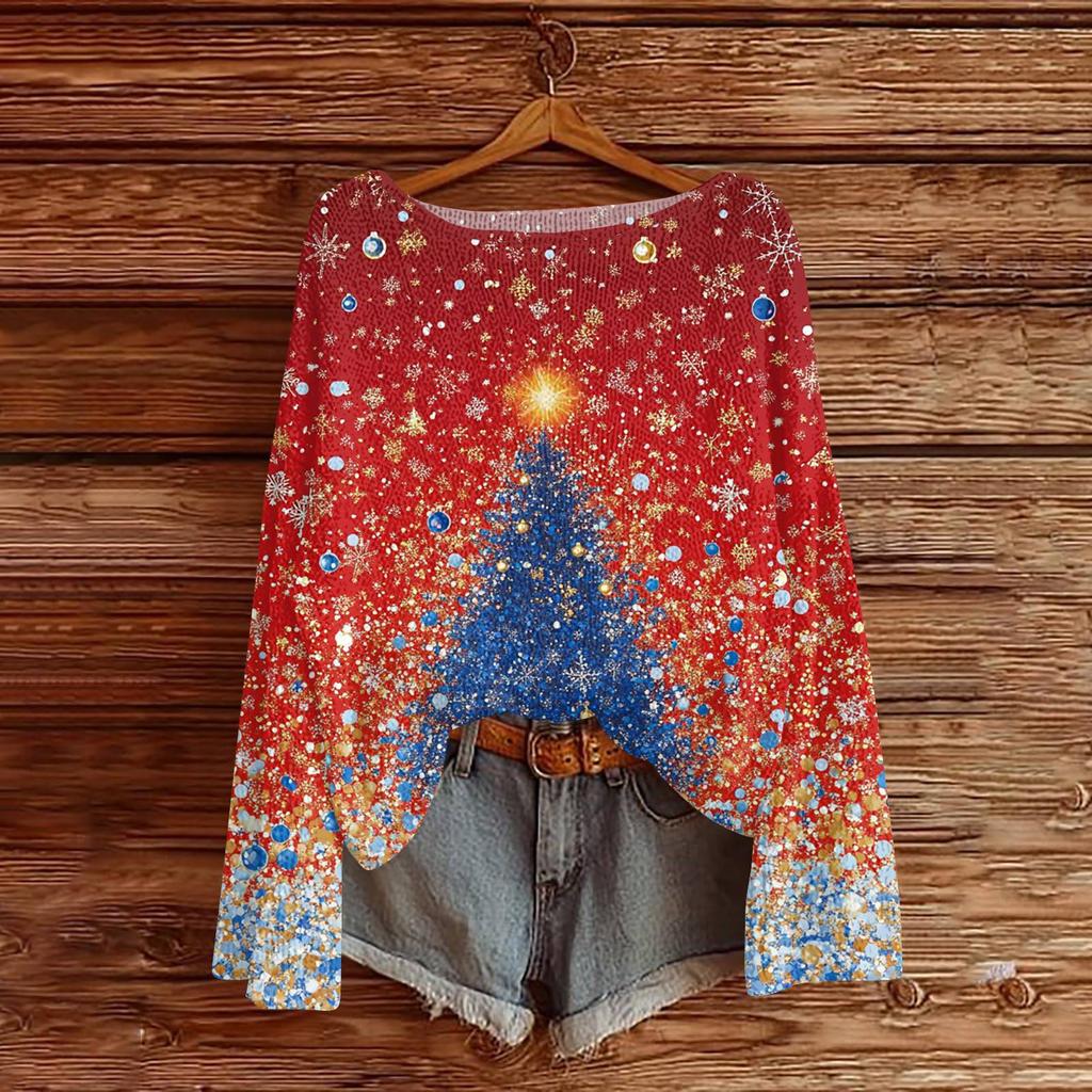 Женский модный пуловер с круглым вырезом и длинными рукавами с рождественским принтом, повседневный топ-свитер