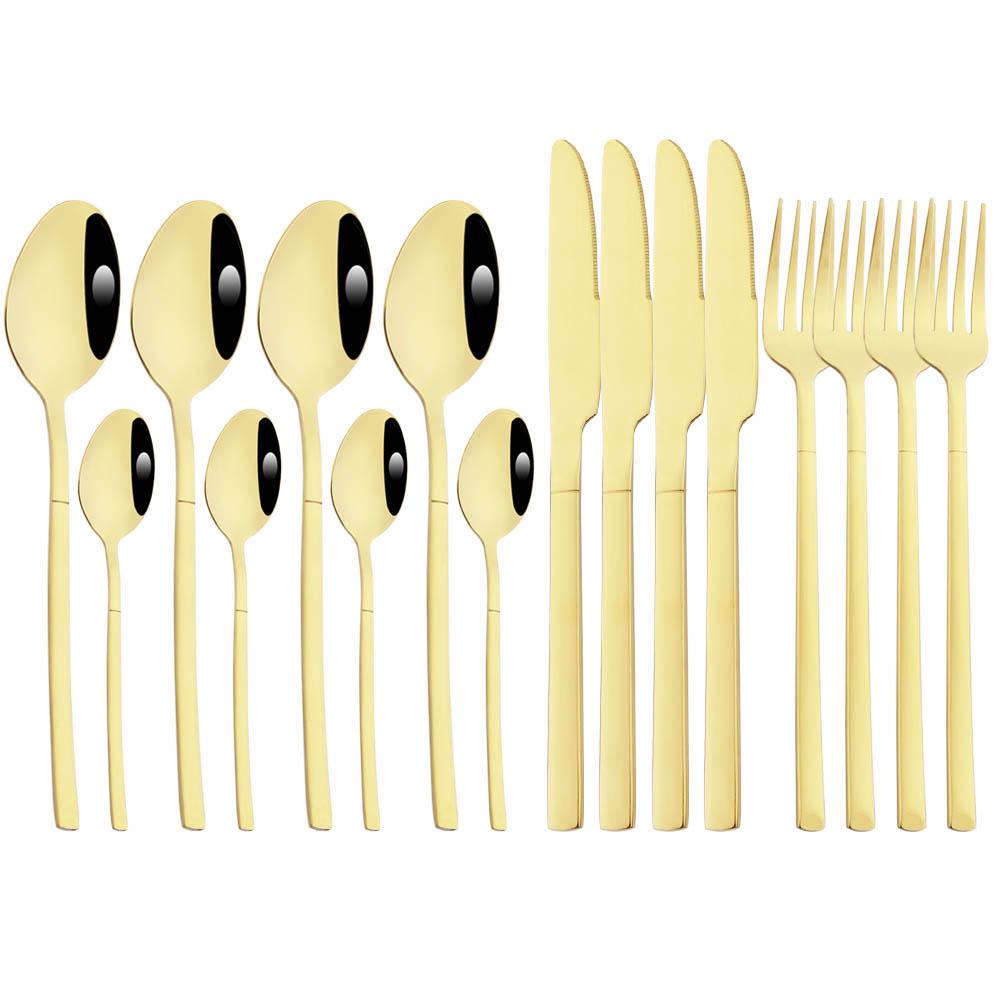Jankng 16 шт. черные столовые приборы с золотой строчкой, набор посуды из нержавеющей стали, кухонный домашний набор столовых приборов в западном стиле, нож, вилка, ложки, набор посуды