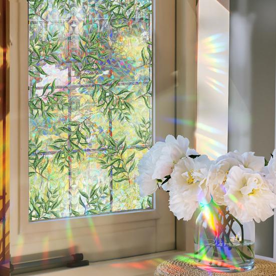 Iridescent Window Film Green Leaf Flower Pattern Non-Adhesive Glass Sticker Reusable Privacy Film
