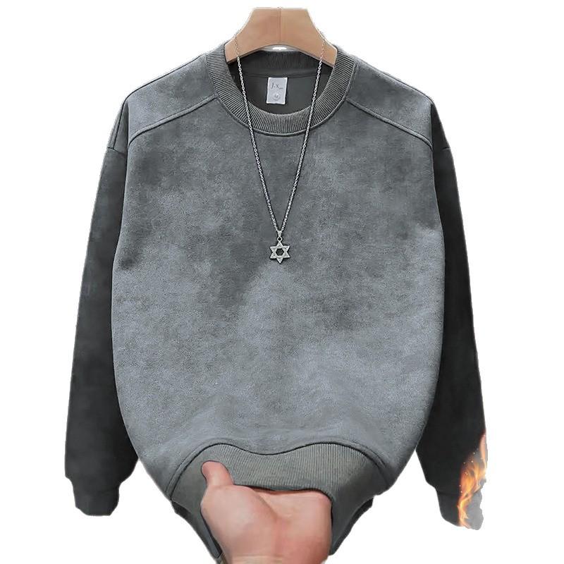 Men's Slim Fit Velvet Hoodie - American Style, Versatile Round Neck, Casual Long Sleeve, Autumn/Winter Fashion.