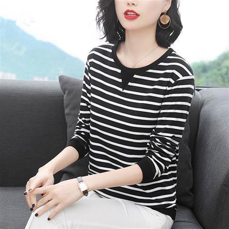 Long Sleeve Stripe Tee Women Middle Age Mom Spring Autumn Casual Base Layer Wearable Top