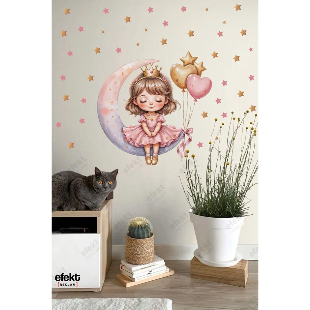 Cute Girl Sitting On The Moon Kids Room Door - Wall Adhesive Sticker Set