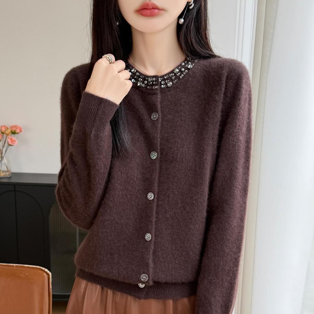 2026 Autumn/Winter Women's Pure Wool Round Neck Rhinestone Knit Cardigan Sweater