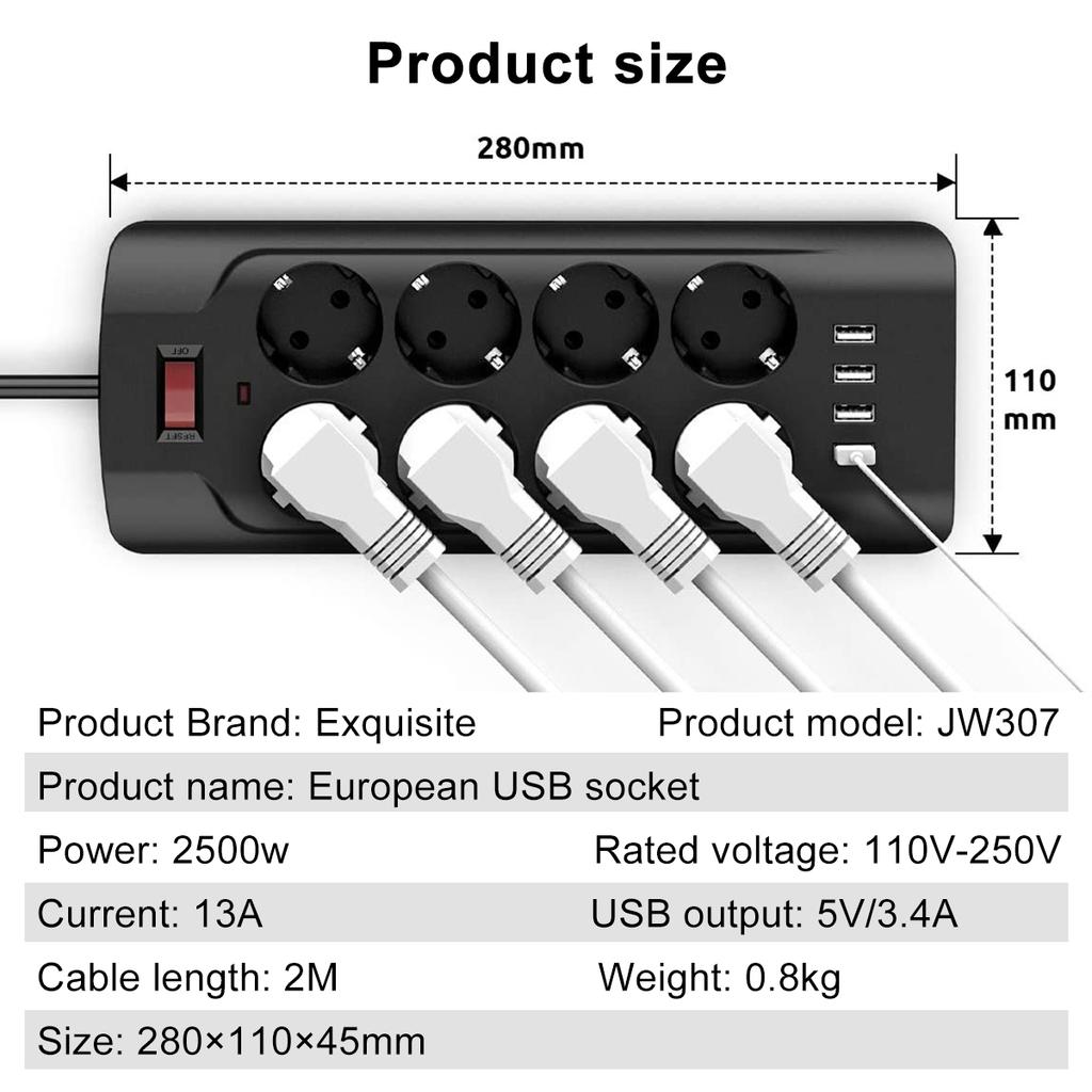 Умная розетка, кабель 2 м, 8 розеток, 4 USB-порта для быстрой зарядки — черная розетка