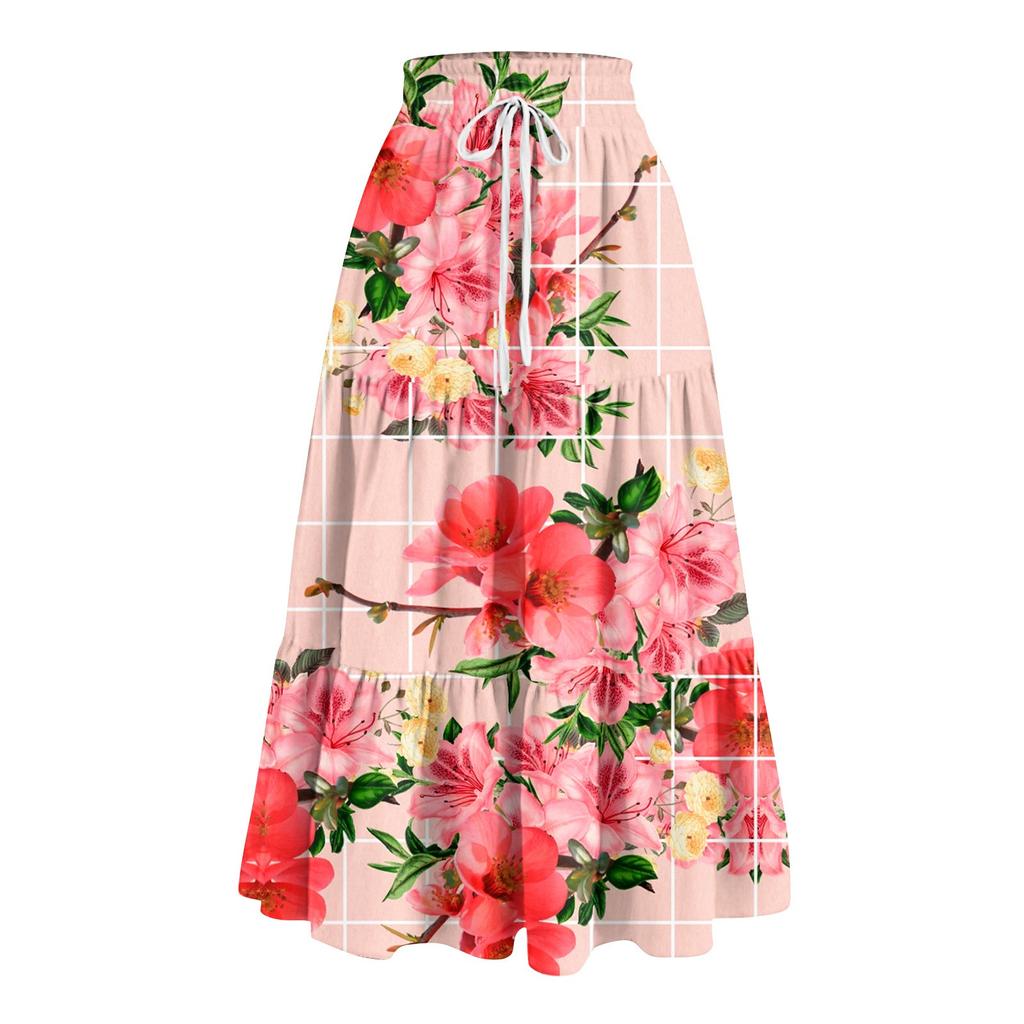 Women's Ruffled Spring Casual Long Skirt Plain Color Skirt Retro Pleated Skirt