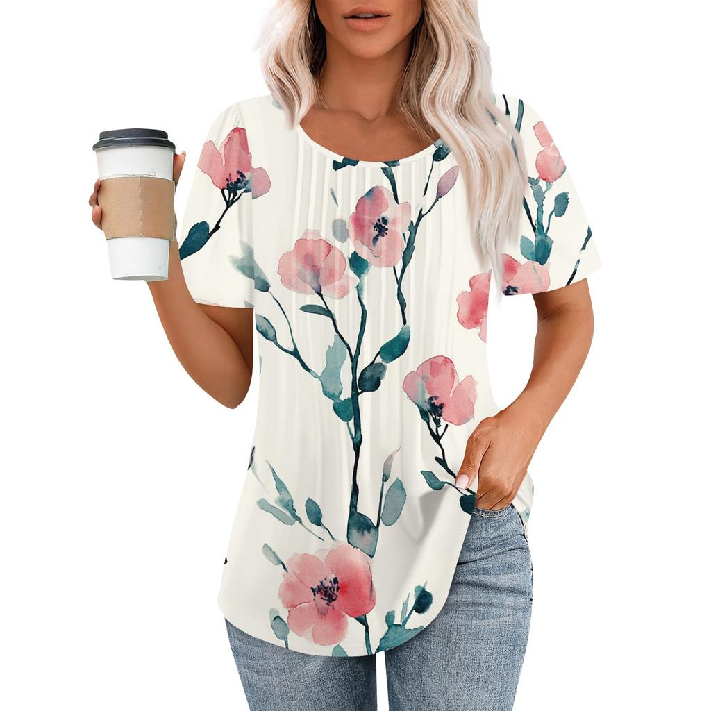 Женская модная повседневная плиссированная футболка в полоску с круглым вырезом и цветочным принтом с короткими рукавами, топ
