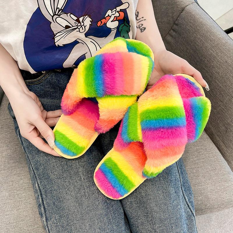 Women's Cotton Slippers Multi-color Plush Fluffy Home Fashion Leak Toe Indoor Cotton Shoes Size 36-43