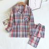 Spring / Autumn Washed Cotton Simple Pajamas Women's Long Sleeves Trousers Loungewear Lapel Loose Casual Plaid 2 Piece Set