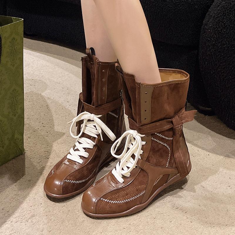 Fashion Fashion Lace Up Mid Calf Boots Women Y2K Gothic Low Heels Motorcycles Boots Woman Pu Leather Patchwork Punk Riding Botas Mujer