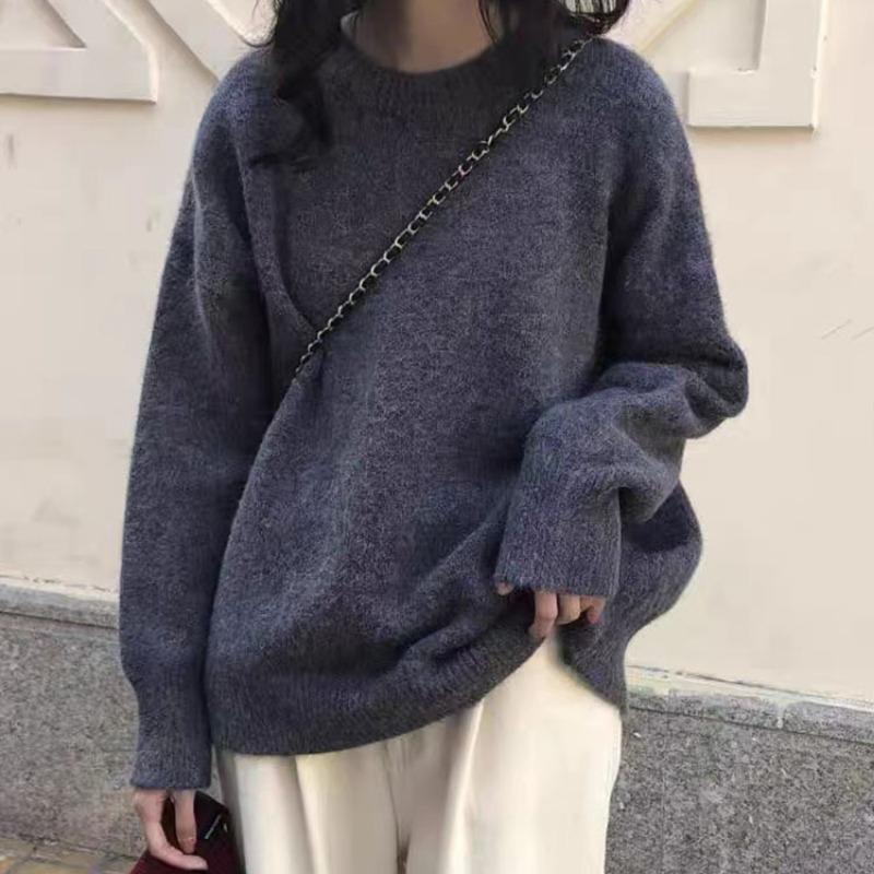 Круглый вырез свитера пуловер для женщин свободный повседневный длинный рукав однотонный простой вязаный свитер для женщин