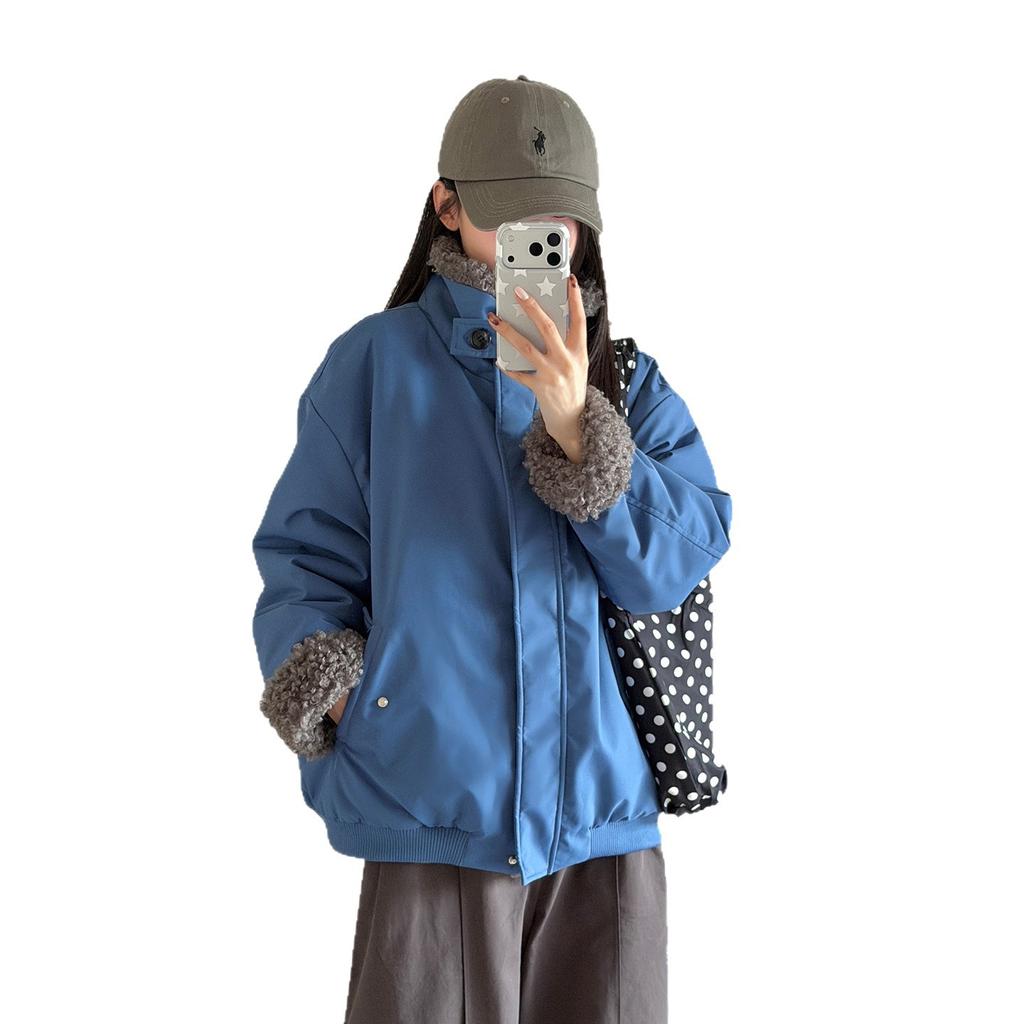 Splicing lapel cotton clothes women's winter loose warm short jacket pink front and back wear pie to overcome