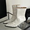 Fashion Sexy Pointed Side Zip Ankle Boots Women Crystals Rivets Design Boots for Women Pumps Fine High Heel Soft Leather Stretch Boots