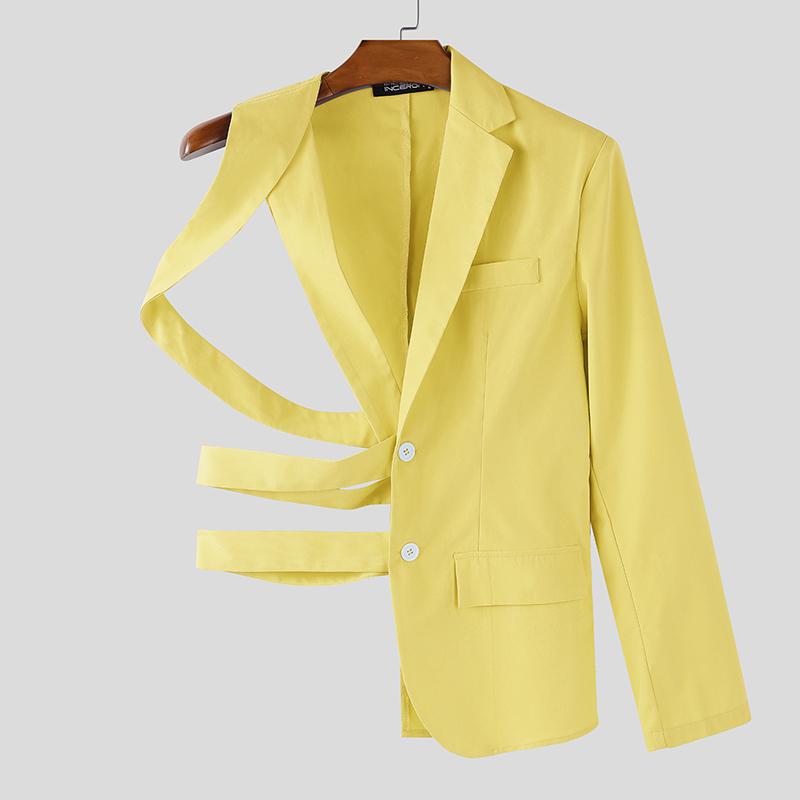 INCERUN Мужской блейзер на одно плечо с длинным рукавом, на пуговицах, с вырезами, на бандажной завязке, с неровным подолом