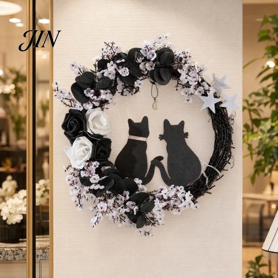 Spooky Cat And Moon Garland Halloween Floral Garland, with String Lights, Black Silhouette Maple Leaf Wreath, for Front Door Indoor Outdoor Wall Decor
