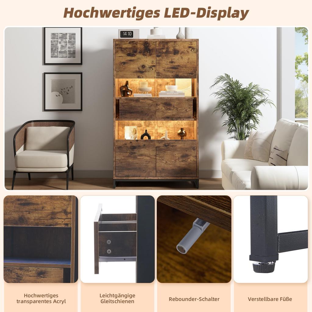 Transparente Vitrine Bücherschrank 2 Türen & 2 Schubladen, Highboard Standvitrine Weinschränke Wohnzimmer Esszimmer Büro, Vintagebraun