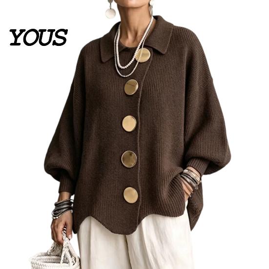 Lantern Sleeve Sweater Women Oversized Knit Cardigan Sweater, Collared Top with Large Metal Relaxed Fit Buttons, Loose Casual for Spring Autumn