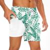 Men's Summer Double-layered Shorts Drawstring Swim Trunks Beach Printed Swim Pants with Pocket