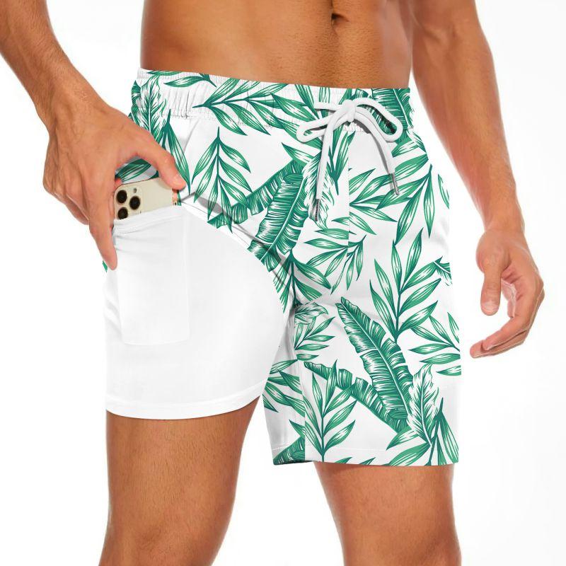 Men's Summer Double-layered Shorts Drawstring Swim Trunks Beach Printed Swim Pants with Pocket