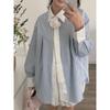 Flower Ribbon Blue Striped Woman Shirt Long Sleeved Button Up Turndown Collar Blouse Autumn Fashion Korean Version Women's Loose Top