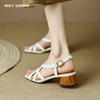 2024 Лето Новое поступление Натуральная кожа Сандалии Женские квадратные высокие каблуки Сандалии Женские платья с пряжкой Туфли на платформе Каблуки Женские