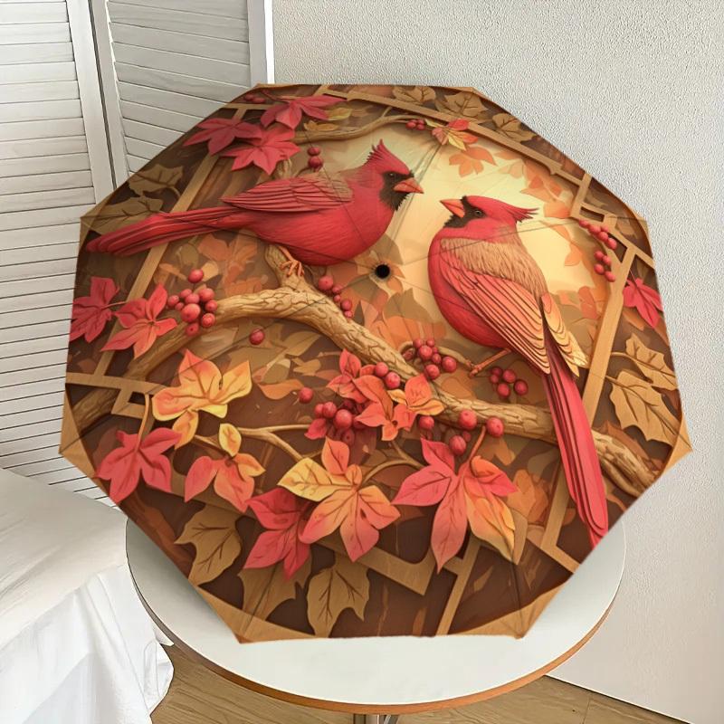 1pc Autumn Cardinals in Wooden Frame Umbrella with Plastic Handle,Suitable for All Seasons Home Travel Outdoor UmbrellaDD107