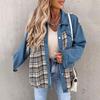 Denim Jacket Checkered Button Up Shirt Jacket Women's Patchwork Jacket Warm Comfortable Commuter Long Sleeved Shirt Autumn Winter
