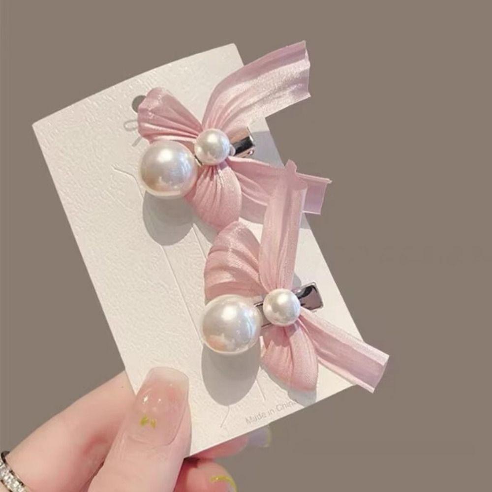 Trendy Bow Pearl  Hairpin Elegant Bangs Pearl Clips Fashion Bowknot Hair Clips  Wedding
