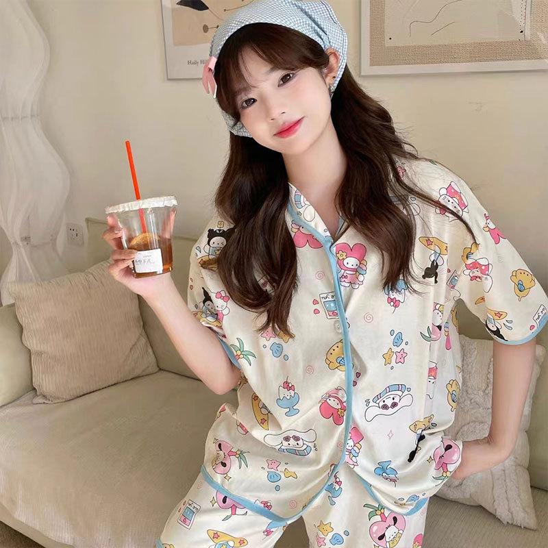 WeChat new short-sleeved pajamas women's summer lapel cute geometric loungewear Japanese and Korean popular shorts set