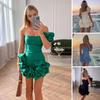 Women Evening Dress One Shoulder Ruffle Flower Decor Slim Waist Sheath Sleeveless Pure Color Backless Bandeau Mini Dress Prom Party Short Dress