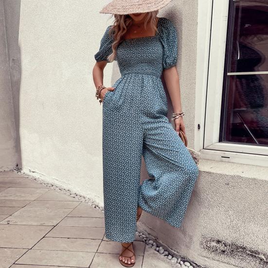 Женский комбинезон с квадратным вырезом и цветочным принтом, короткие рукава, широкие брюки, летний комбинезон