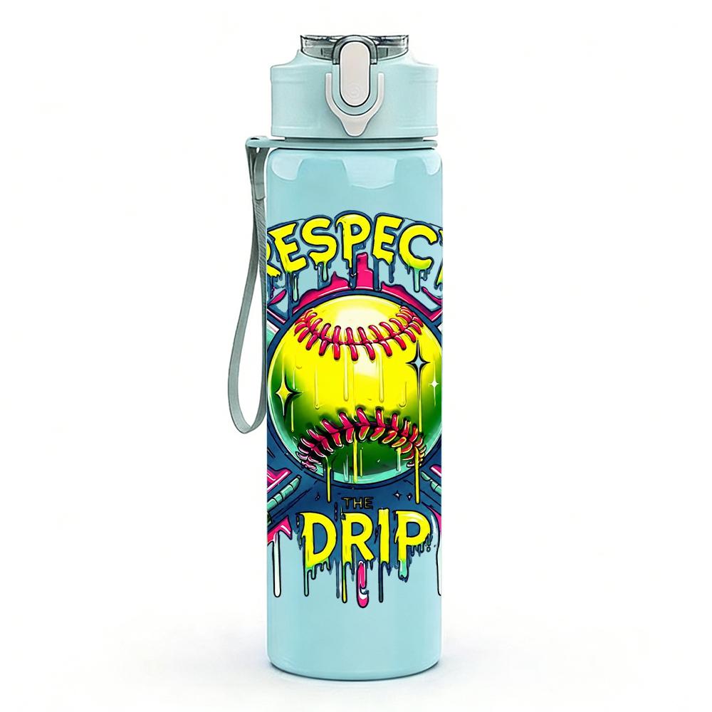 1PC Softball Respect Drip Letter Art 750ml Color Plastic Water Bottle Leakproof Flip Straw Lid For Sports Office Home Use