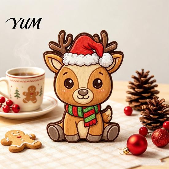 Christmas Gift for Friends Wooden Elk Figurine with Santa Hat And Scarf, Cartoon Deer Tabletop Decoration Photo Props Holiday Home Party Decor, Stable