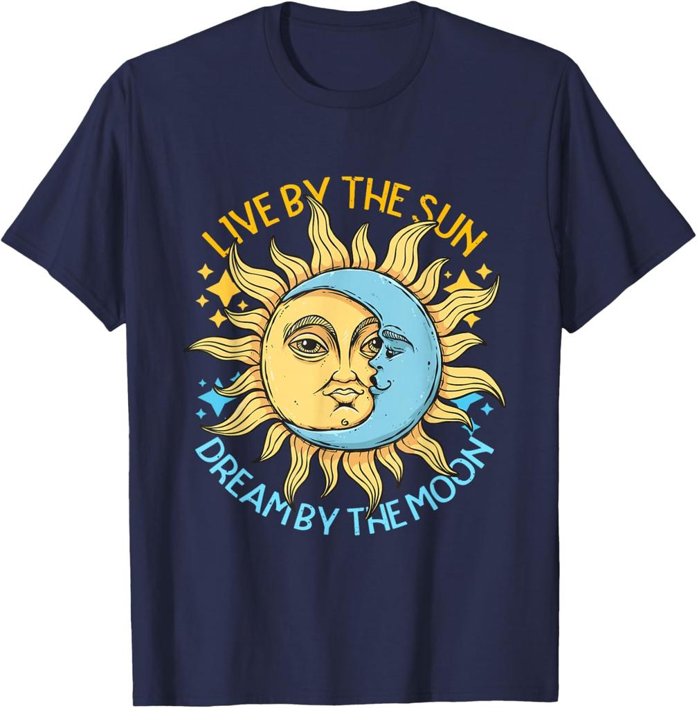 Sun Moon Celestial Graphic Tee Soft Cotton Casual T-Shirt Retro Astrology Style Trip Apparel
