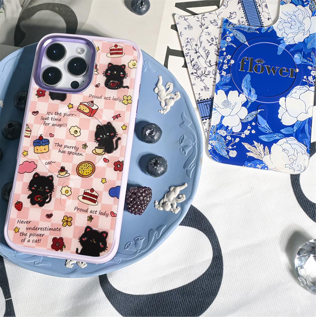 For iPhone 16 Pro Max Magnetic Case TPU PC Phone Cover with Detachable Happy Black Cat Backplate
