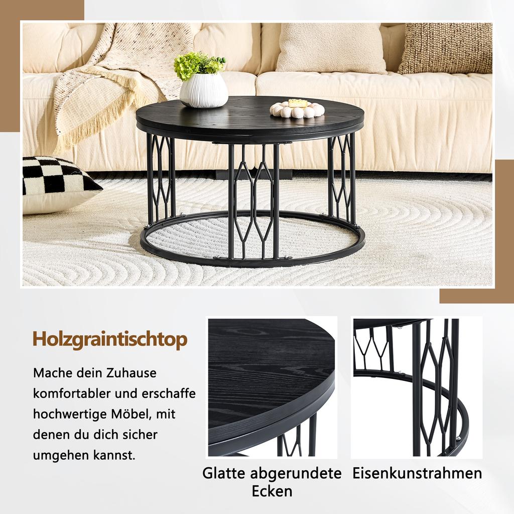 Round Coffee Table with Wood-Look Top and Metal Frame, Modern Living Room Table with Geometric Iron Frame, Sturdy Round Side Table, approx. 70x40.5 cm